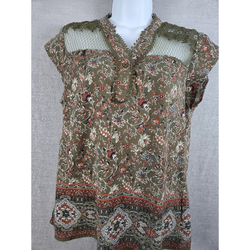 Victorian Floral Blouse Womens L Lace Netting Boho Cottagecore Retro‎ Y2K Olive